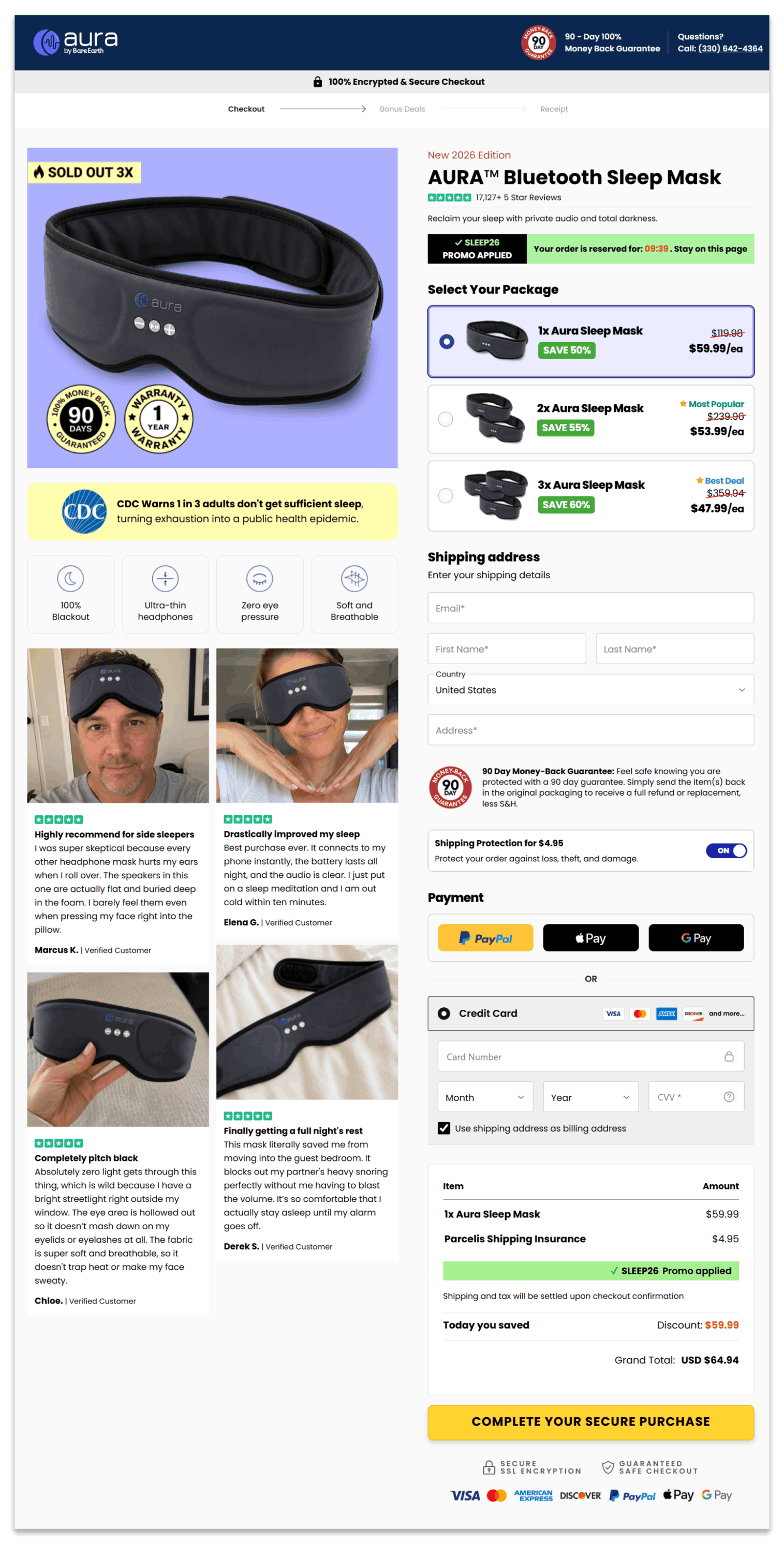 AURA Bluetooth Sleep Mask secure checkout page